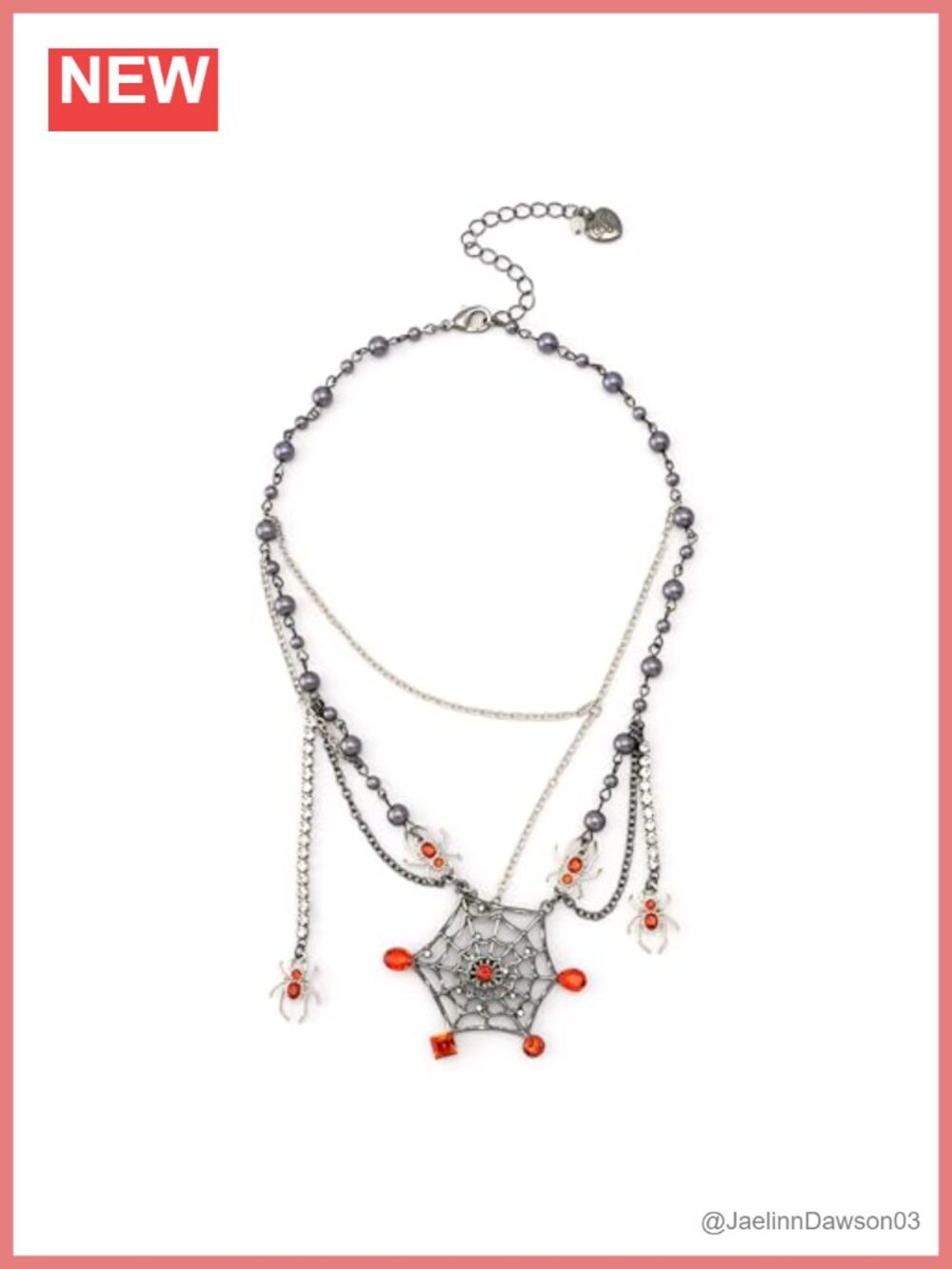 Spider Web Bib Necklace with Orange Stone Gems and Rhinestone Dangling Strands